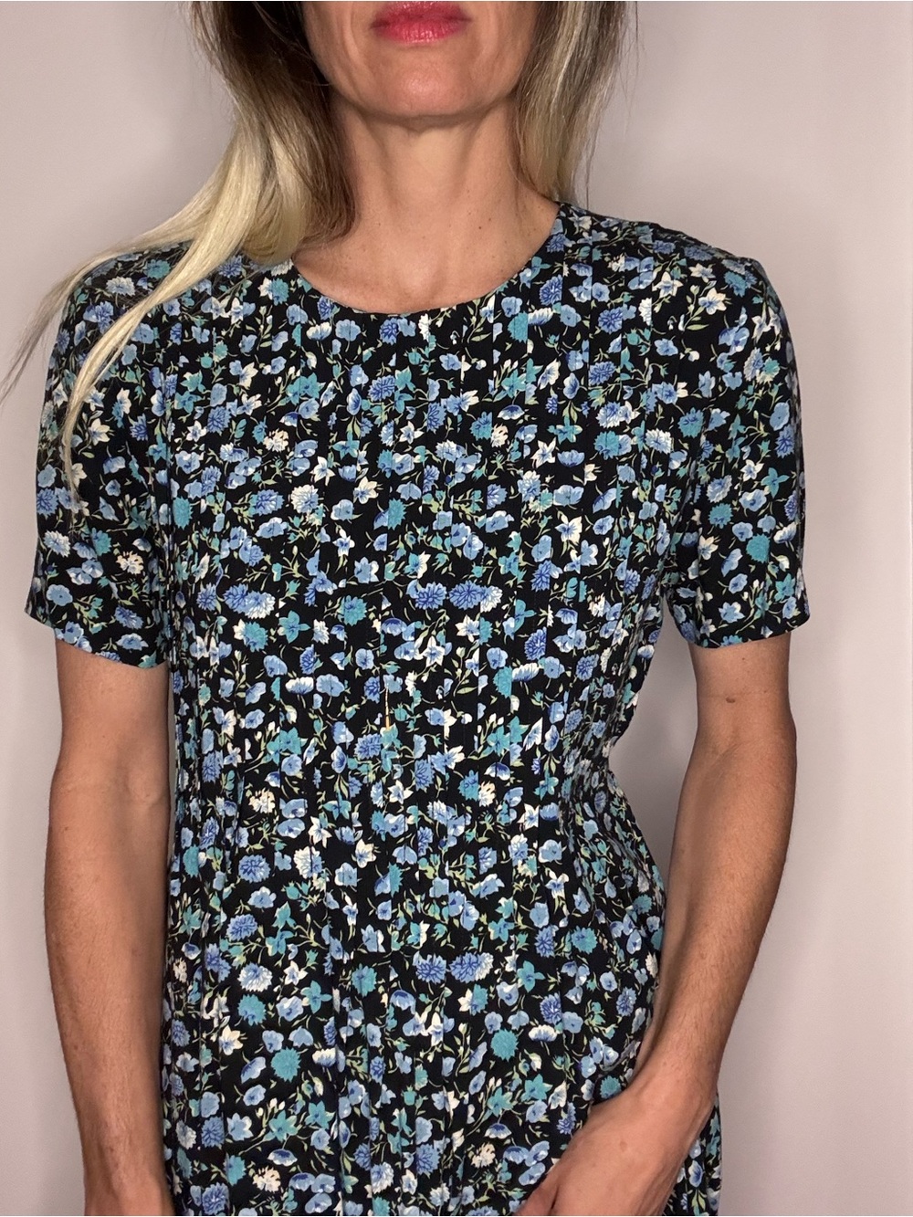 90s Grunge Babydoll Floral Midi Dress in Black and Blue